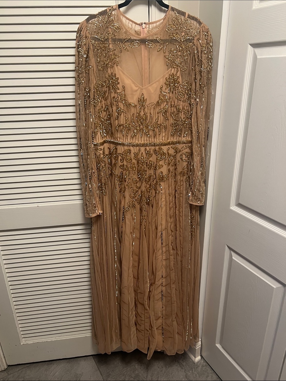 Mac Duggal Nude Beaded Long Sleeve Evening Gown